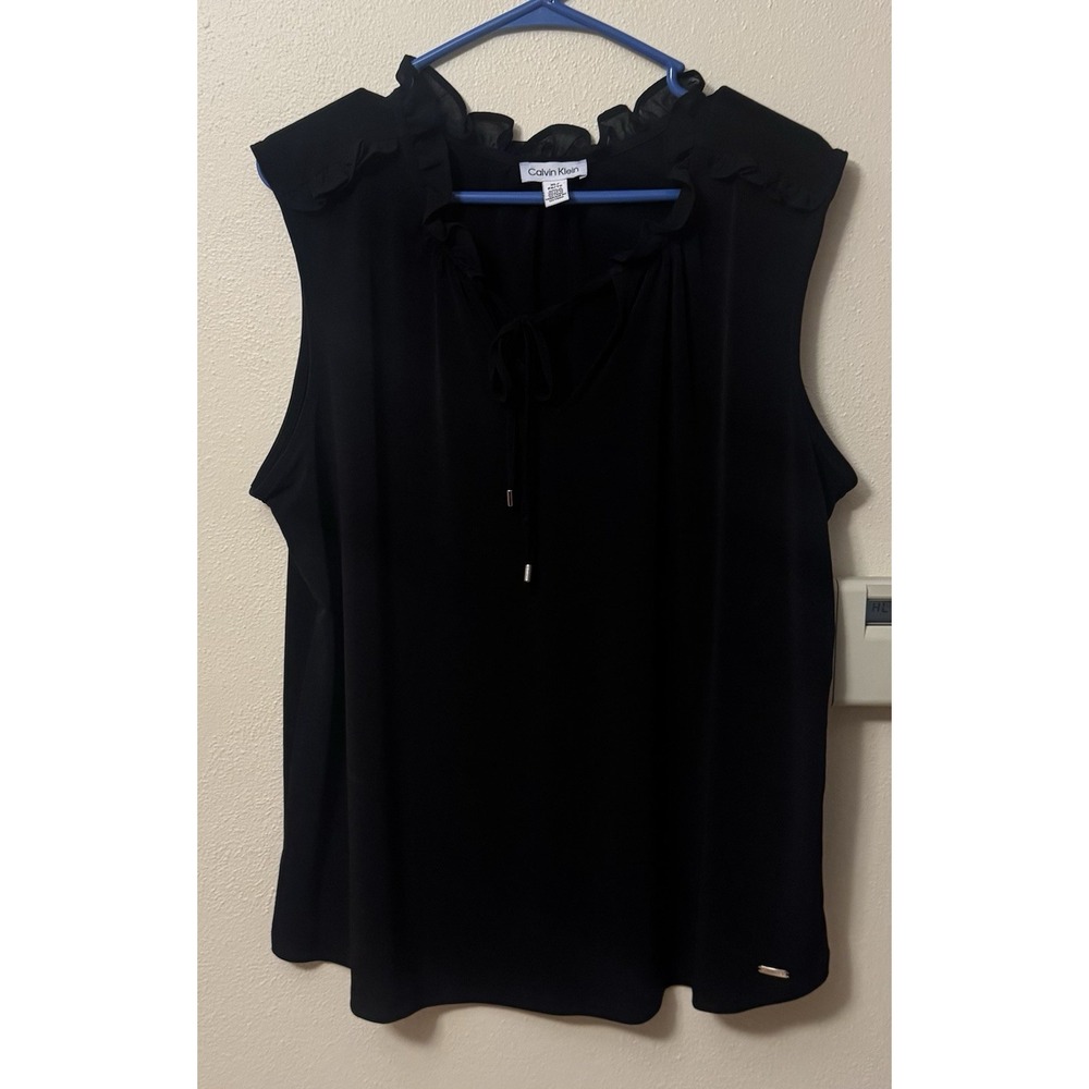Calvin Klein Womens XL Navy Blue Sleeveless Ruffle Tie Neck Blouse Top